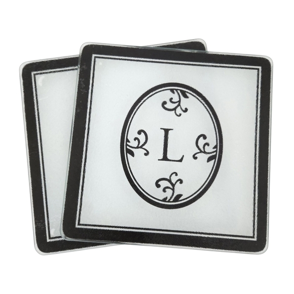 Glass Black & White Trivets (SET OF 2)- Monogram Initial Letter "L"- 8" x 8" - Picture 1 of 6